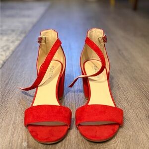Kenneth Cole Reaction Red Suede Ankle-Strap Block Heels